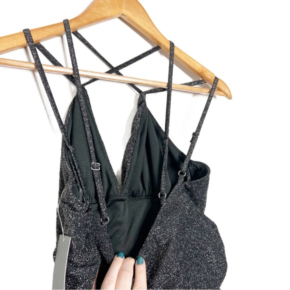 NWT Wild Fable Black Sparkle Ruched Bodycon Mini Dress Spaghetti Straps V Neck - Picture 12 of 16